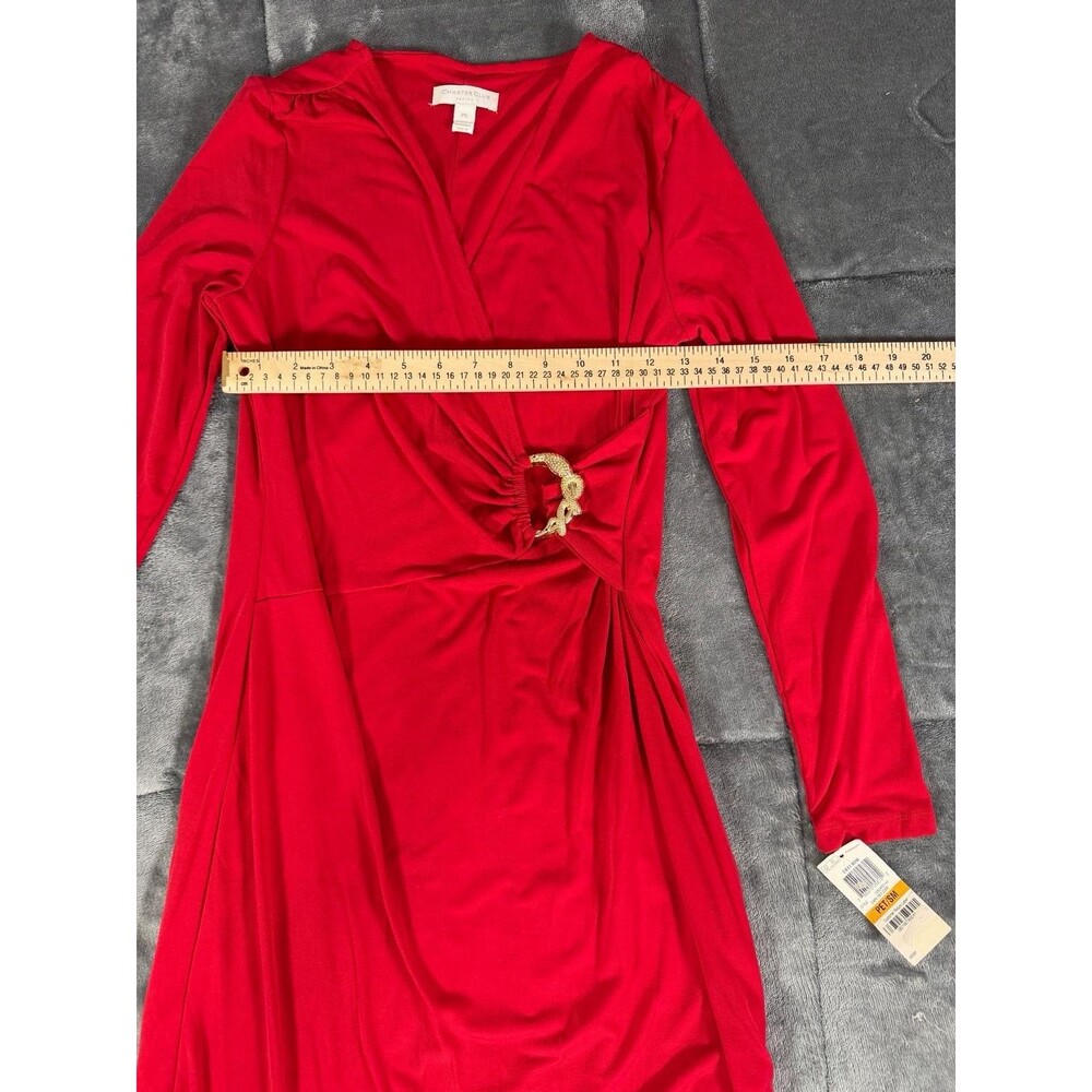 Charter Club Petite Red Faux Wrap Dress Gold Buckle NWT PS Small Long Sleeve. - Picture 5 of 6